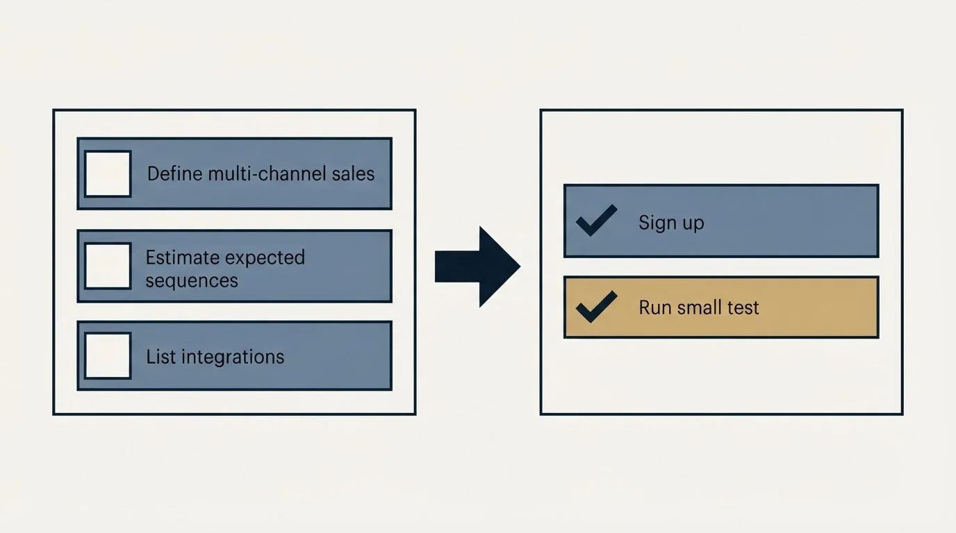 Before-and-after steps: Getting Started Checklist (Define multi-channel sales, Estimate expected sequences, List integrations, Sign up)
