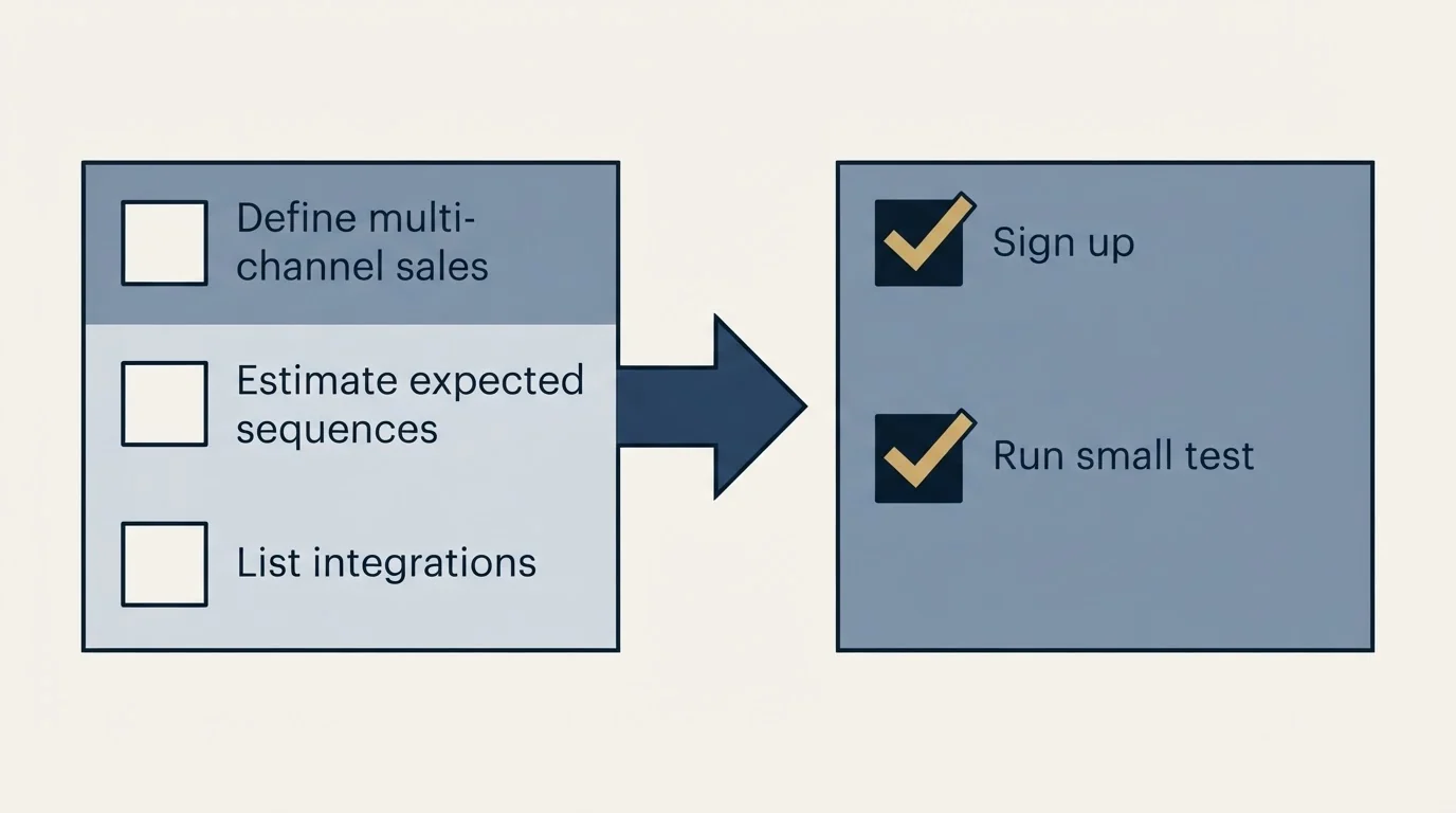 Before-and-after steps: Getting Started Checklist (Define multi-channel sales, Estimate expected sequences, List integrations, Sign up)