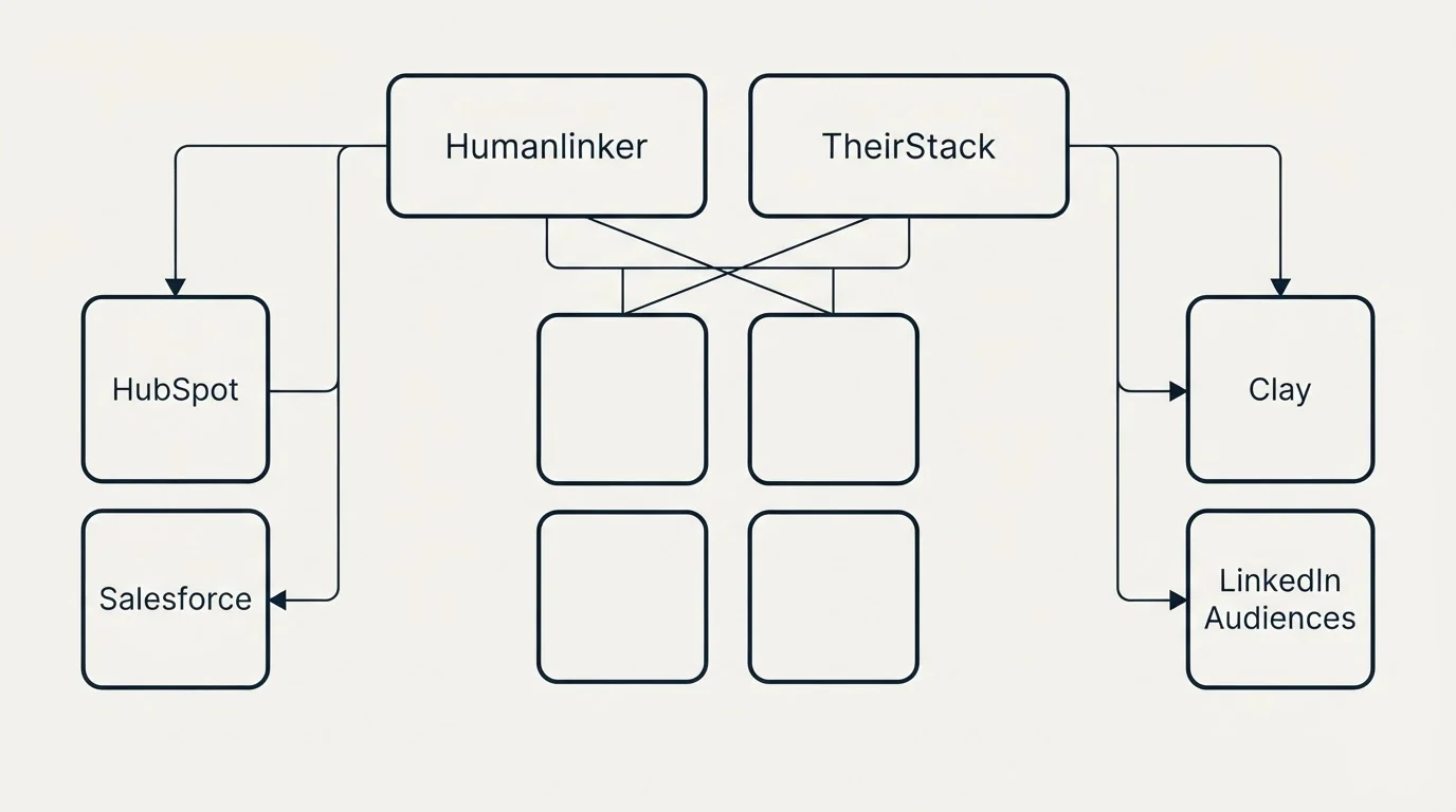 Integration grid: Integration Ecosystem (Humanlinker, TheirStack, HubSpot, Clay)