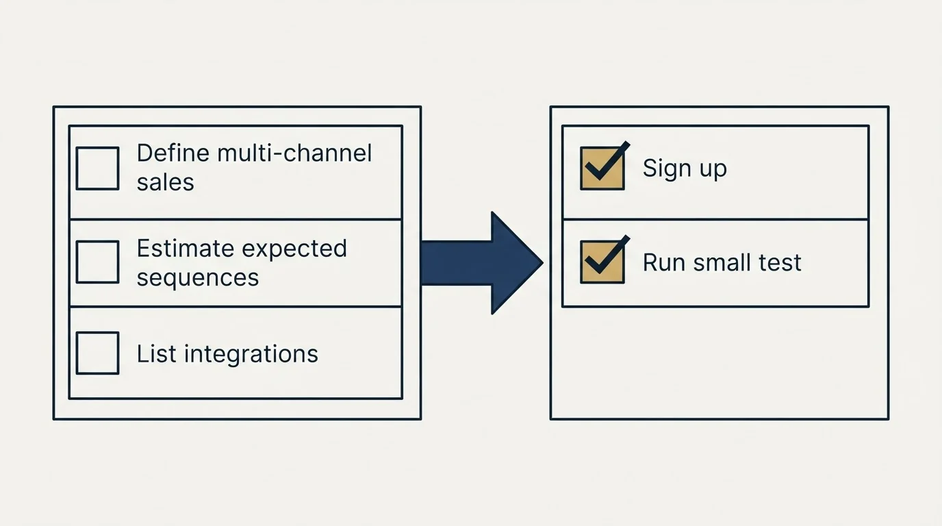 Before-and-after steps: Getting Started Checklist (Define multi-channel sales, Estimate expected sequences, List integrations, Sign up)