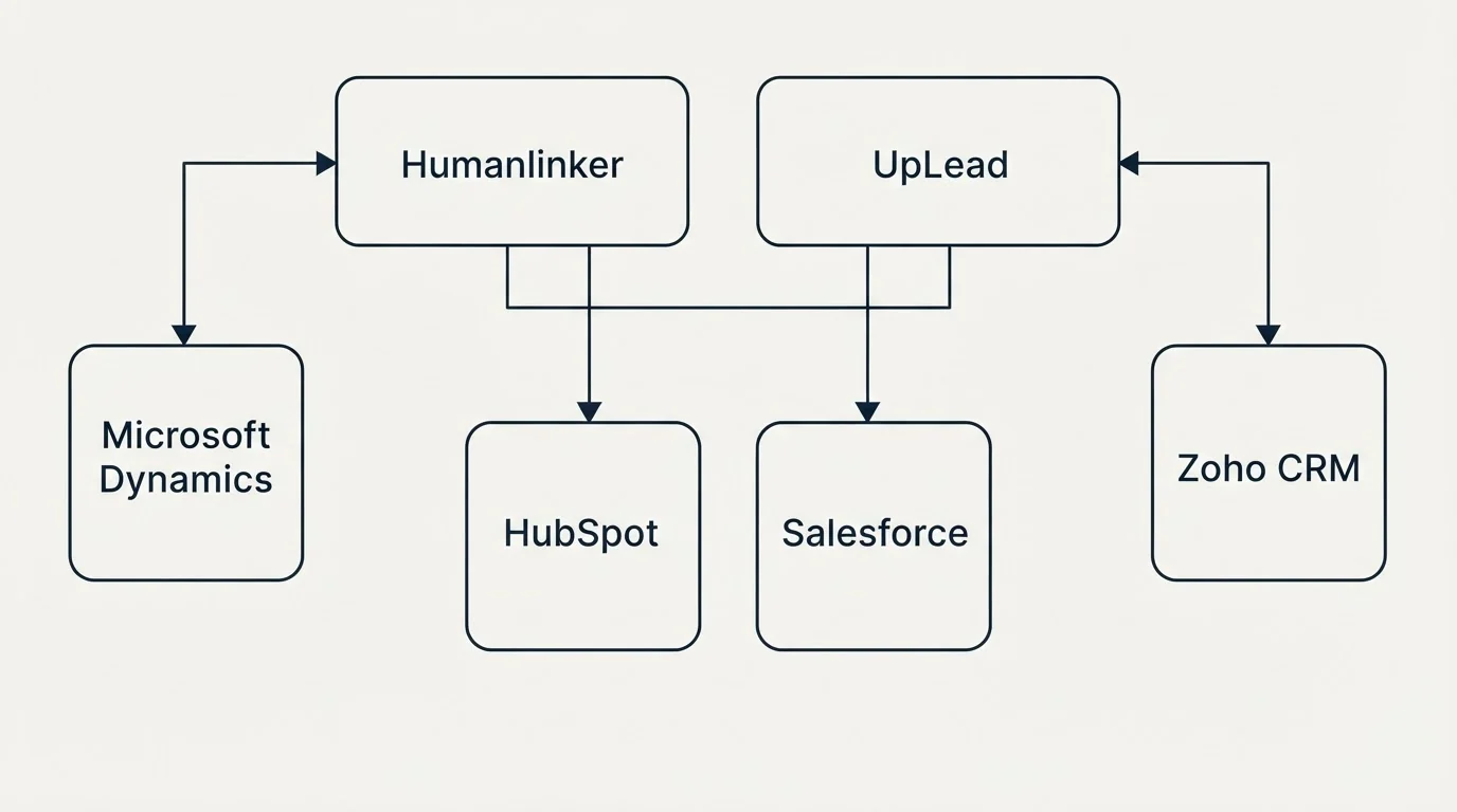 Integration grid: Integration Ecosystem (Humanlinker, UpLead, HubSpot, Salesforce)
