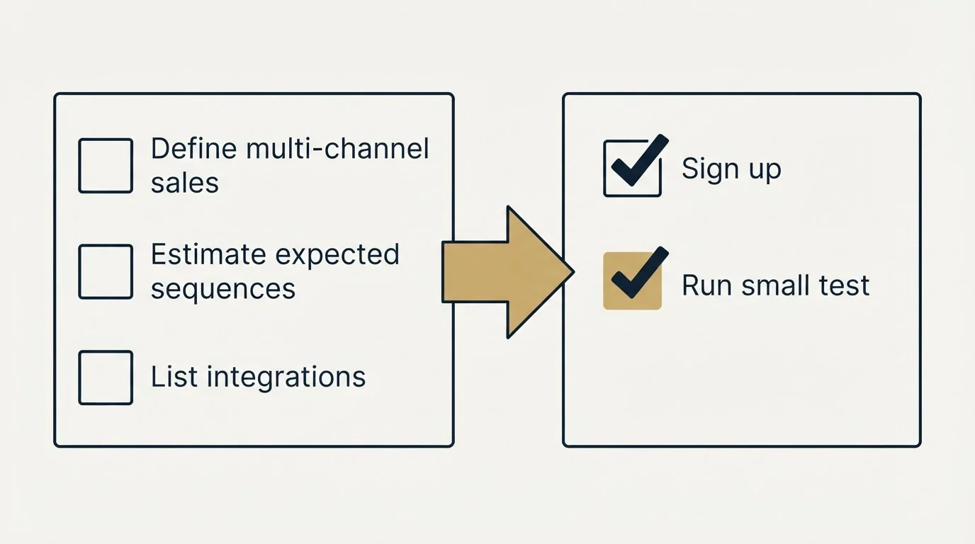Before-and-after steps: Getting Started Checklist (Define multi-channel sales, Estimate expected sequences, List integrations, Sign up)