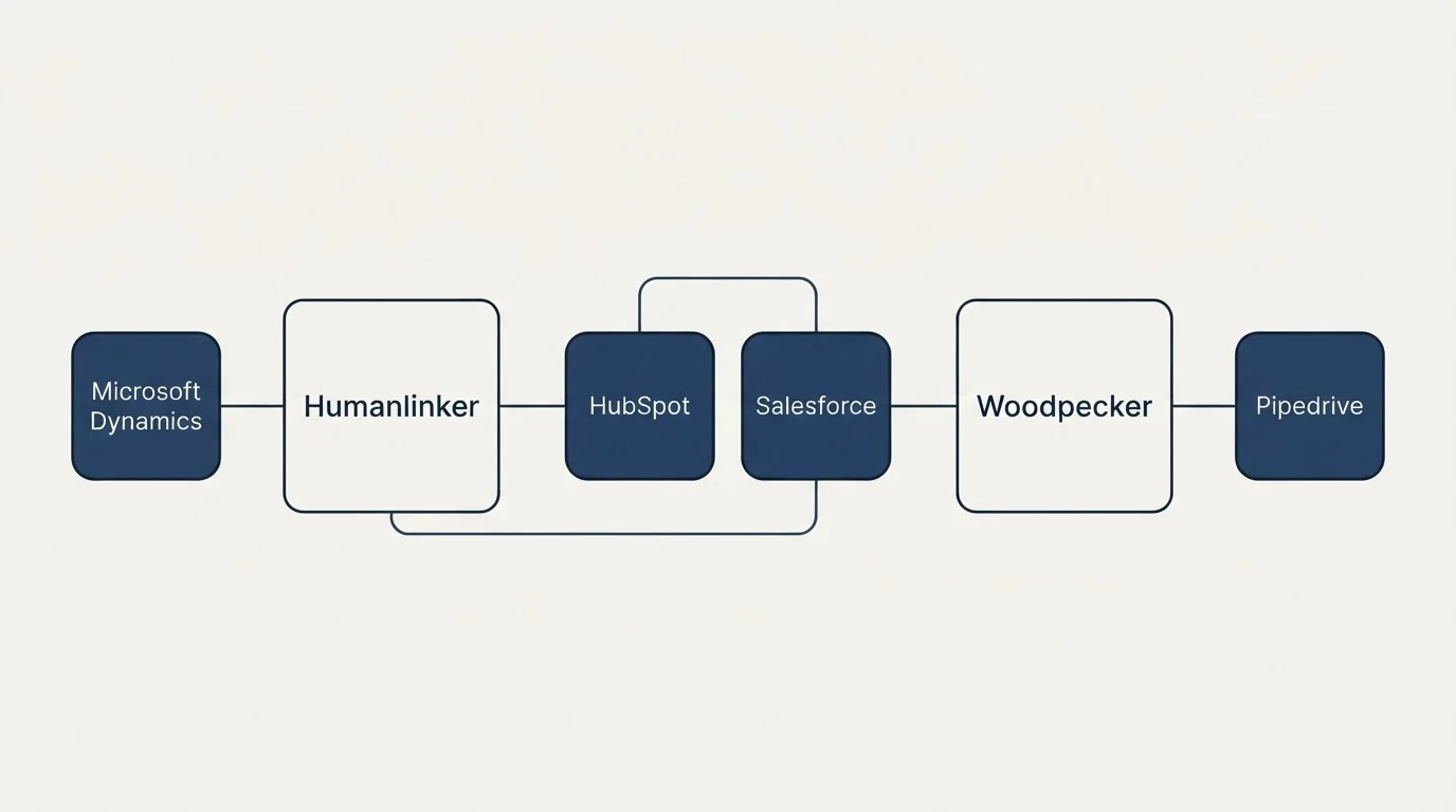 Integration schematic: Integration Ecosystem (Humanlinker, Woodpecker, HubSpot, Salesforce)