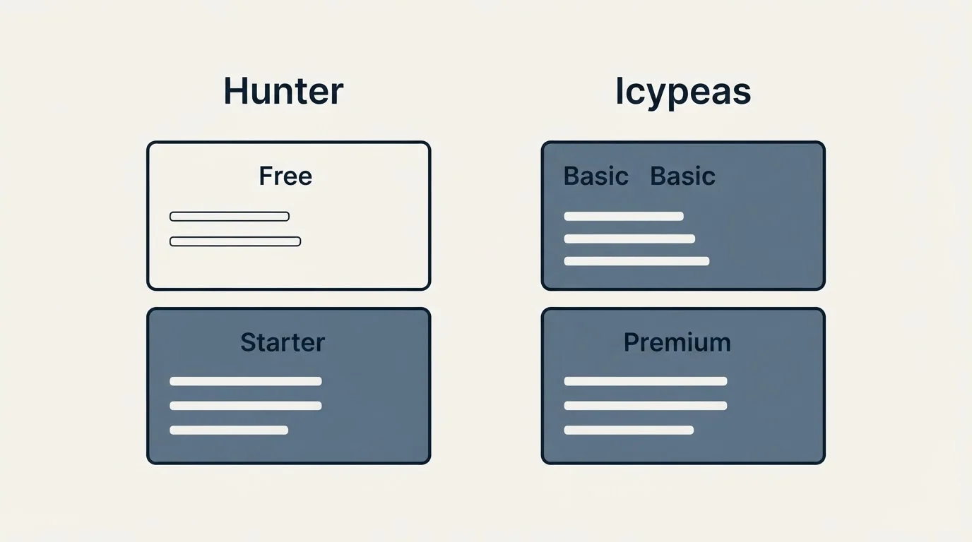 Pricing panels: Pricing Comparison (Hunter, Icypeas, Free, Basic)