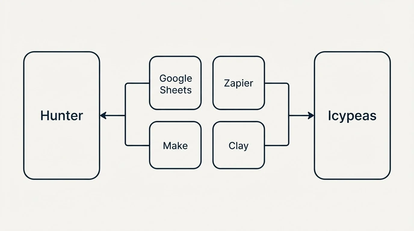 Integration schematic: Integration Ecosystem (Hunter, Icypeas, Google Sheets, Zapier)