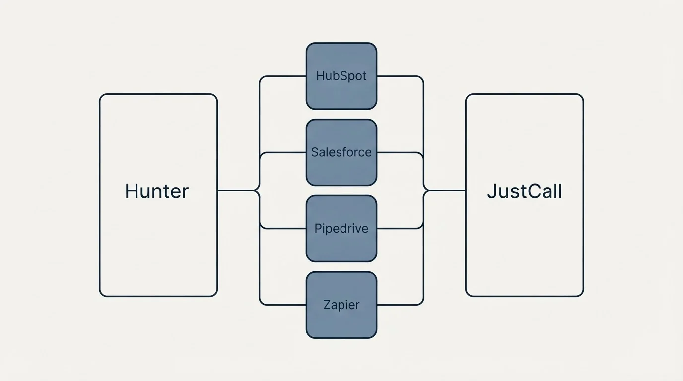 Integration schematic: Integration Ecosystem (Hunter, JustCall, HubSpot, Salesforce)