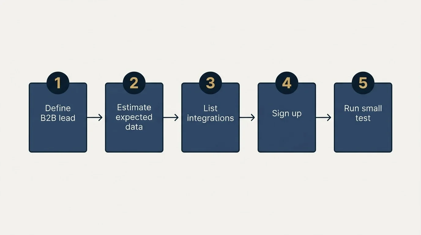 Step sequence: Getting Started Checklist (Define B2B lead, Estimate expected data, List integrations, Sign up)