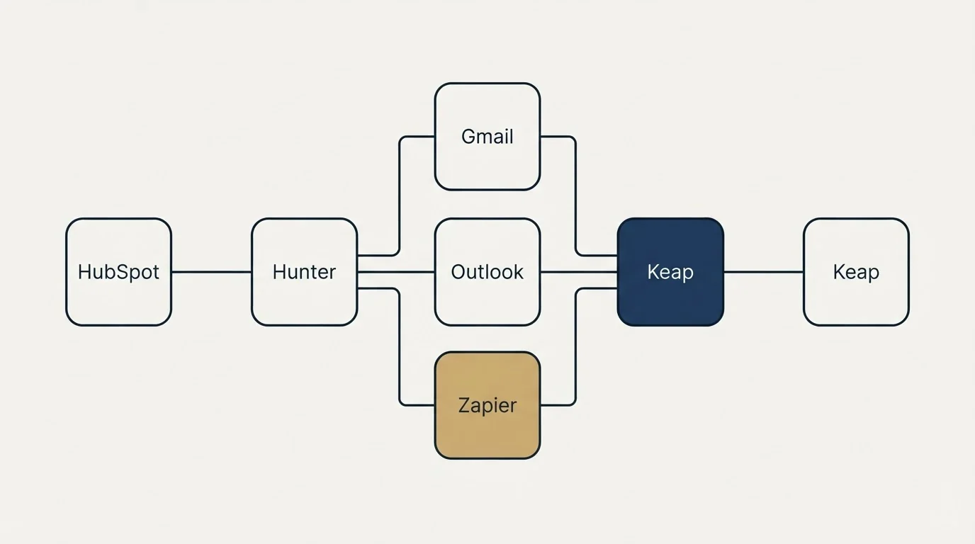 Integration flow: Integration Ecosystem (Hunter, Keap, Gmail, Outlook)