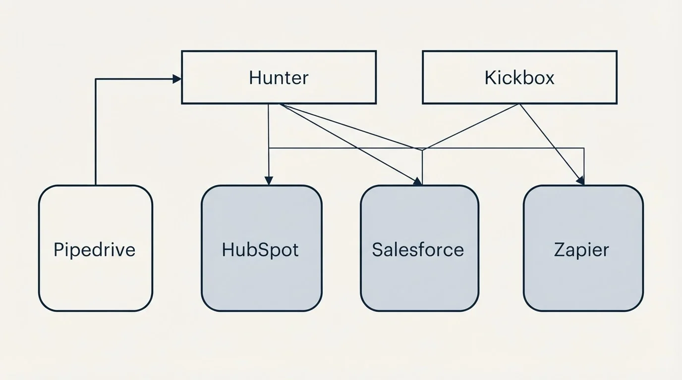 Integration grid: Integration Ecosystem (Hunter, Kickbox, HubSpot, Salesforce)