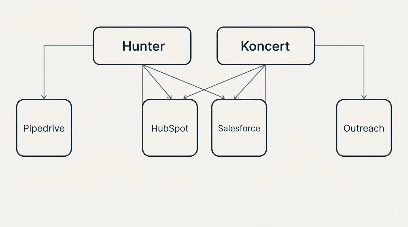 Integration grid: Integration Ecosystem (Hunter, Koncert, HubSpot, Salesforce)