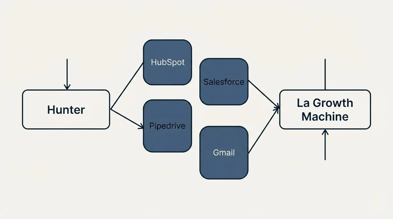 Integration schematic: Integration Ecosystem (Hunter, La Growth Machine, HubSpot, Salesforce)