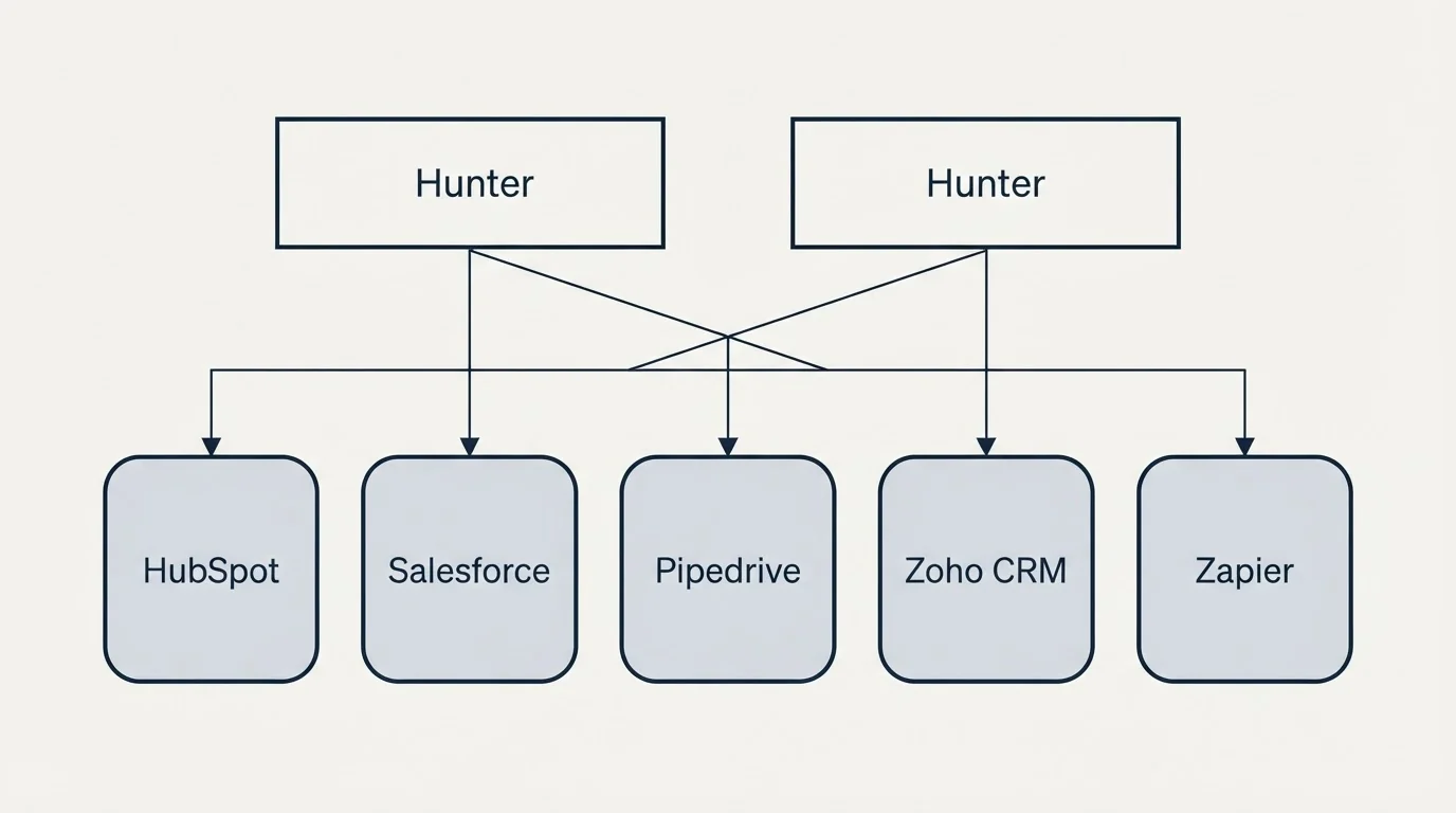 Integration grid: Integration Ecosystem (Hunter, HubSpot, Salesforce, Pipedrive)