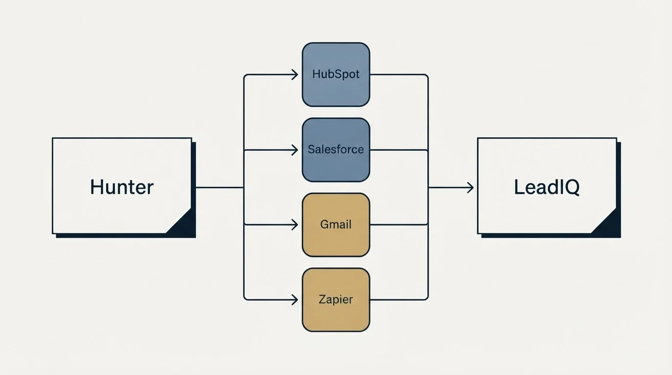 Integration flow: Integration Ecosystem (Hunter, LeadIQ, HubSpot, Salesforce)