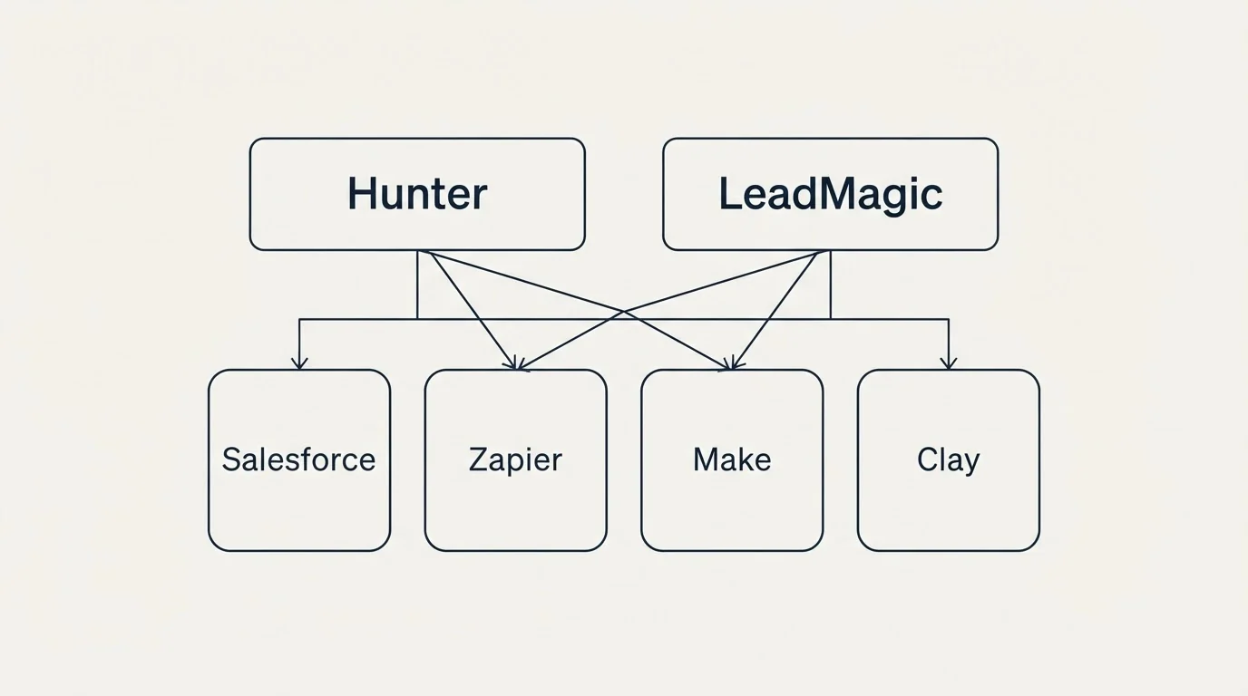Integration grid: Integration Ecosystem (Hunter, LeadMagic, Salesforce, Zapier)