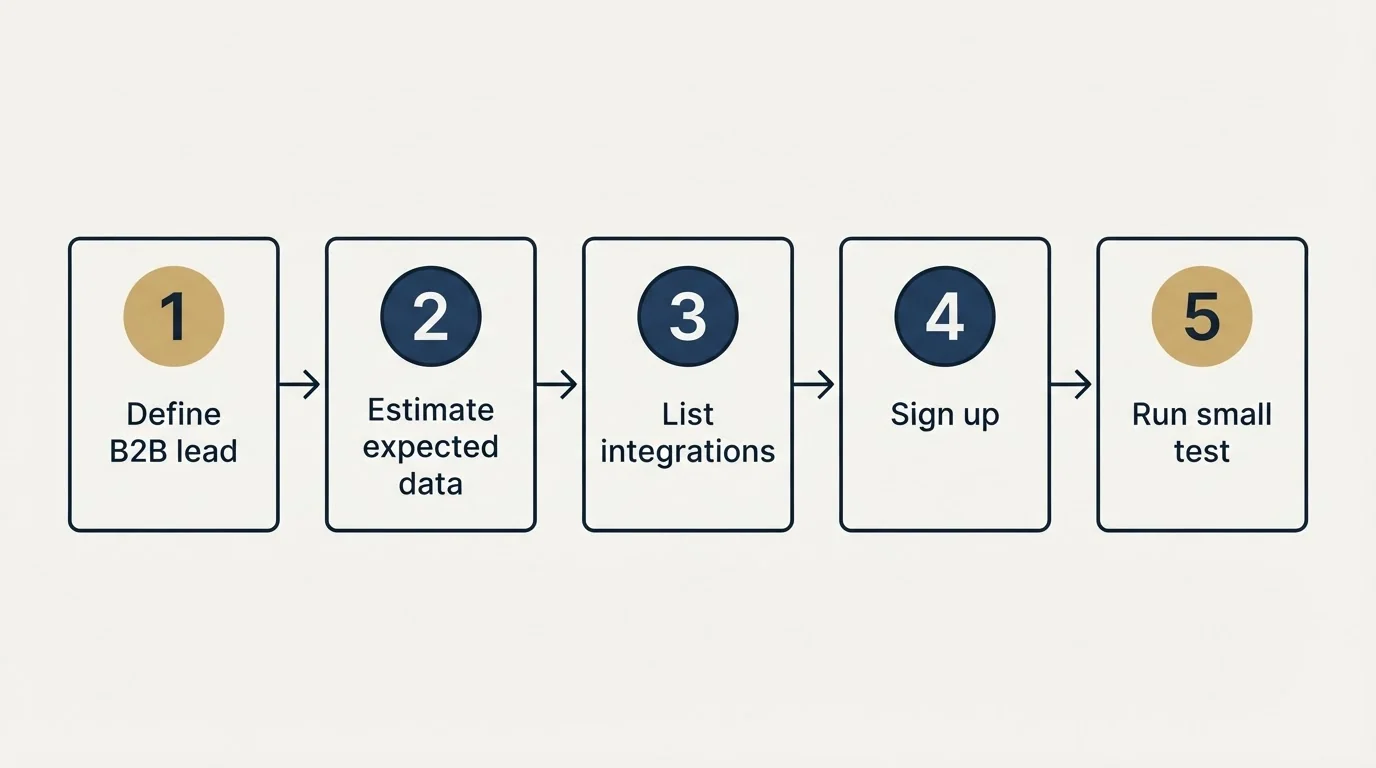 Step sequence: Getting Started Checklist (Define B2B lead, Estimate expected data, List integrations, Sign up)