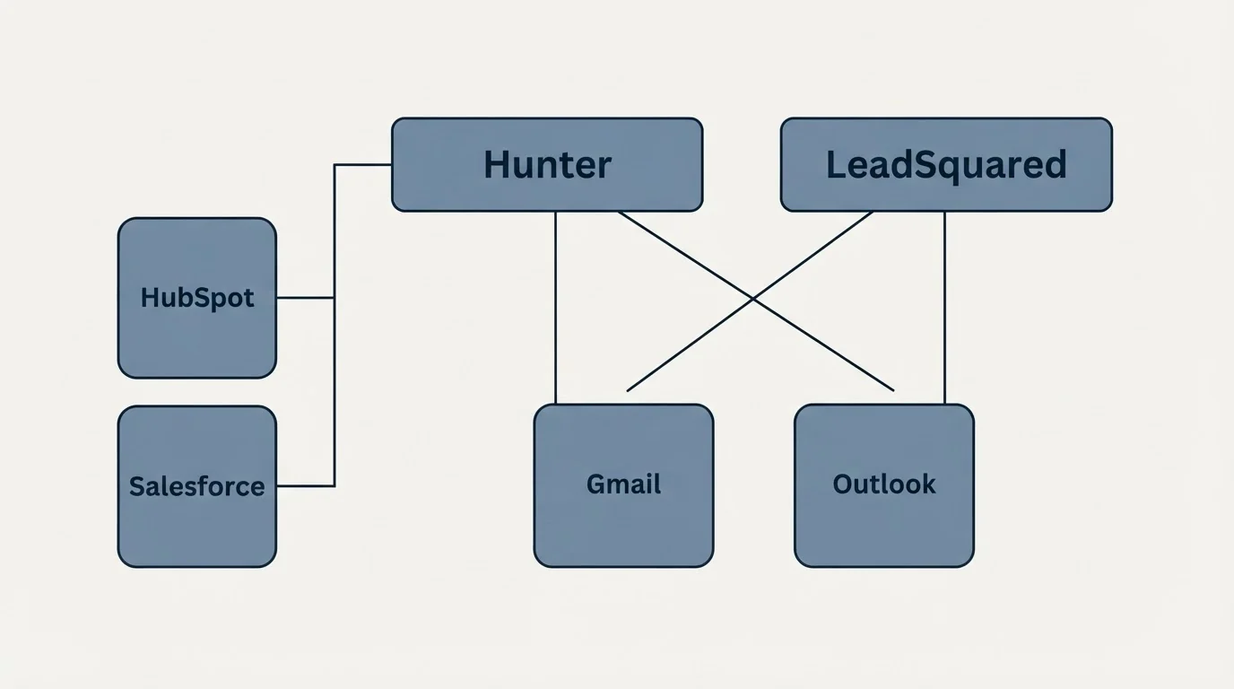 Integration grid: Integration Ecosystem (Hunter, LeadSquared, Gmail, Outlook)