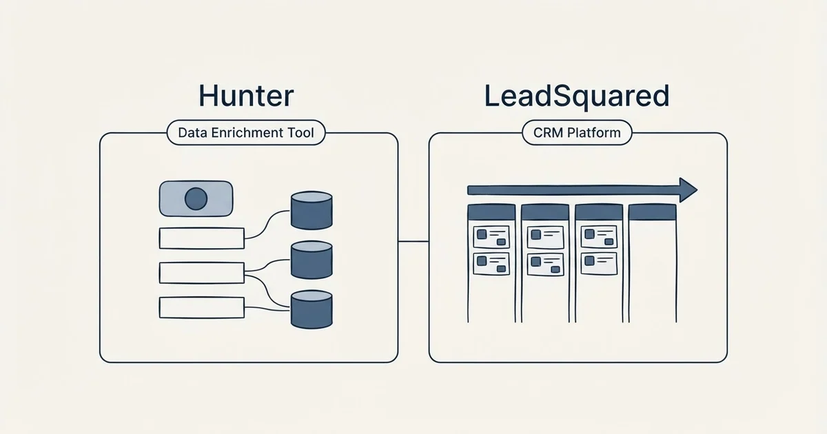 Side-by-side panels: Hunter vs LeadSquared (Data Enrichment Tool, CRM Platform)
