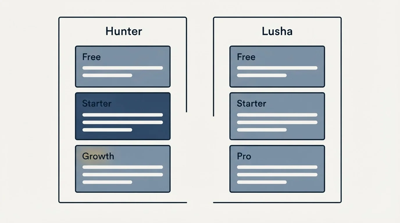 Pricing panels: Pricing Comparison (Hunter, Lusha, Free, Starter)