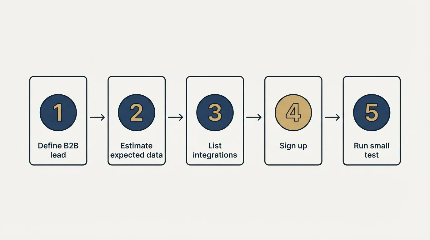 Step sequence: Getting Started Checklist (Define B2B lead, Estimate expected data, List integrations, Sign up)
