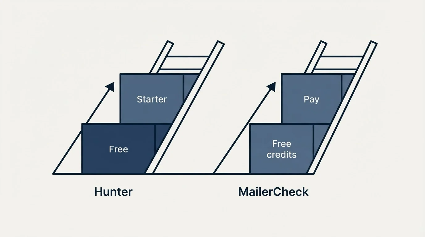 Pricing ladder: Pricing Comparison (Hunter, MailerCheck, Free, Free credits)