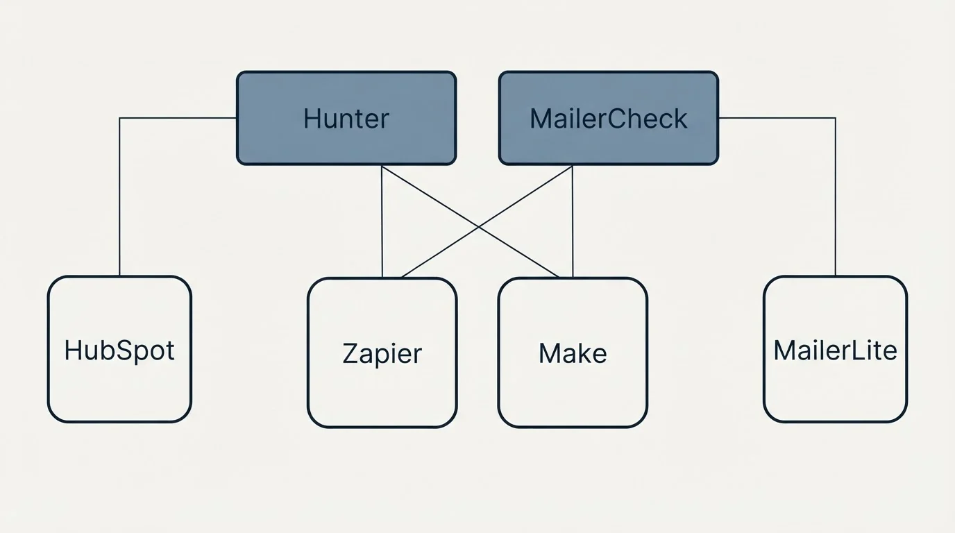 Integration grid: Integration Ecosystem (Hunter, MailerCheck, Zapier, Make)
