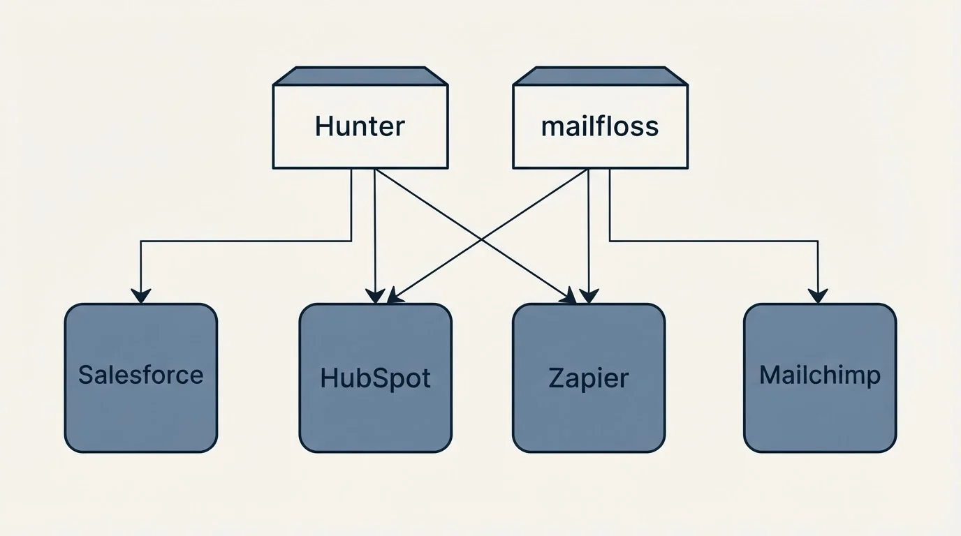 Integration grid: Integration Ecosystem (Hunter, mailfloss, HubSpot, Zapier)