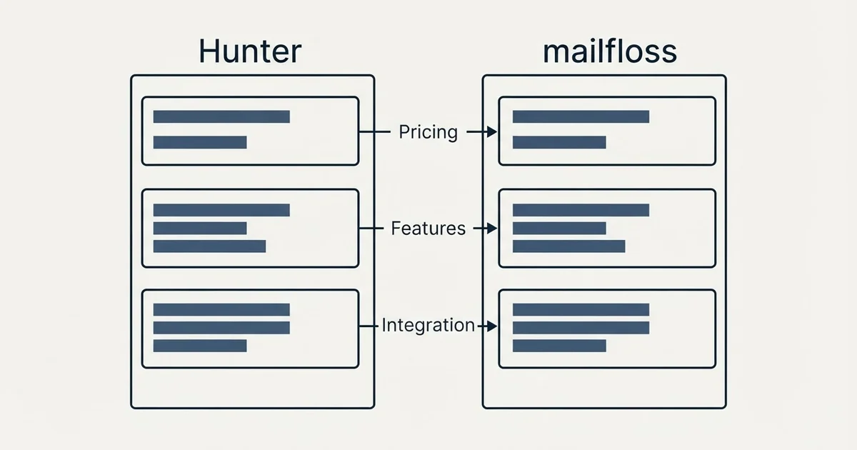 Comparison panel: Hunter vs mailfloss (Pricing, Features, Integration)