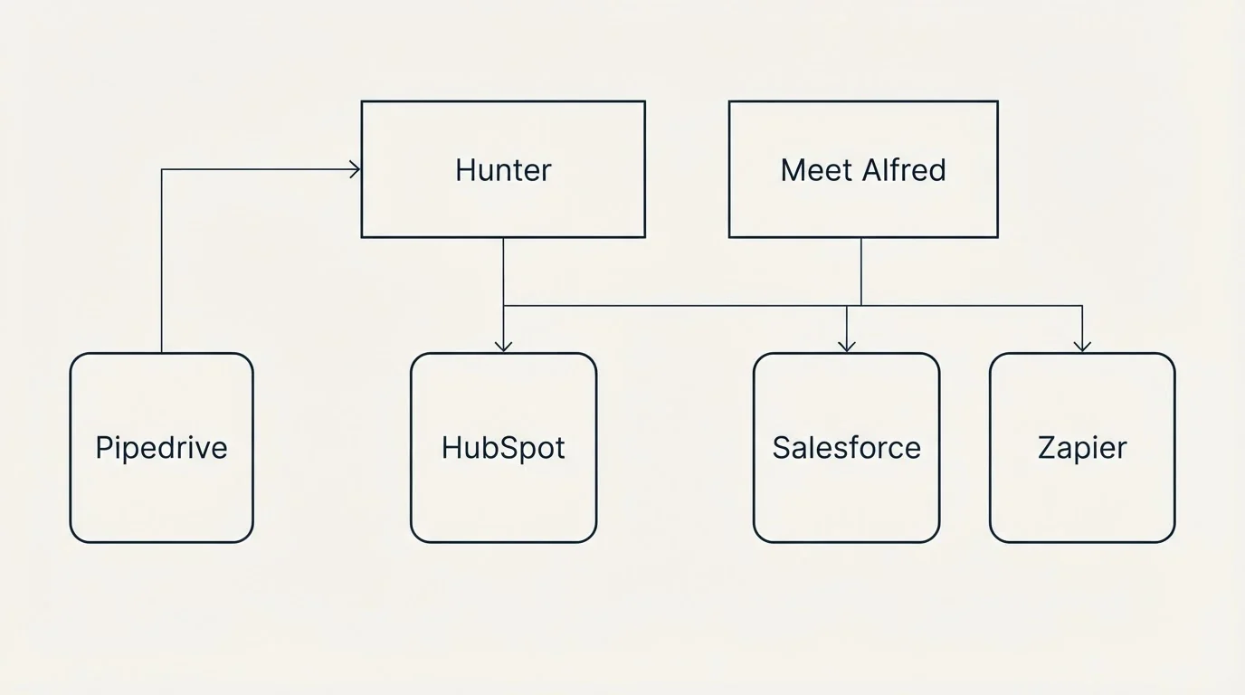 Integration grid: Integration Ecosystem (Hunter, Meet Alfred, HubSpot, Salesforce)