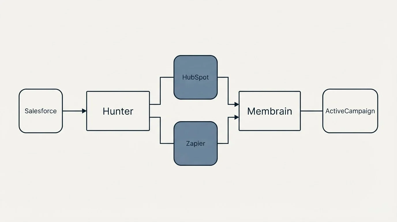 Integration flow: Integration Ecosystem (Hunter, Membrain, HubSpot, Zapier)