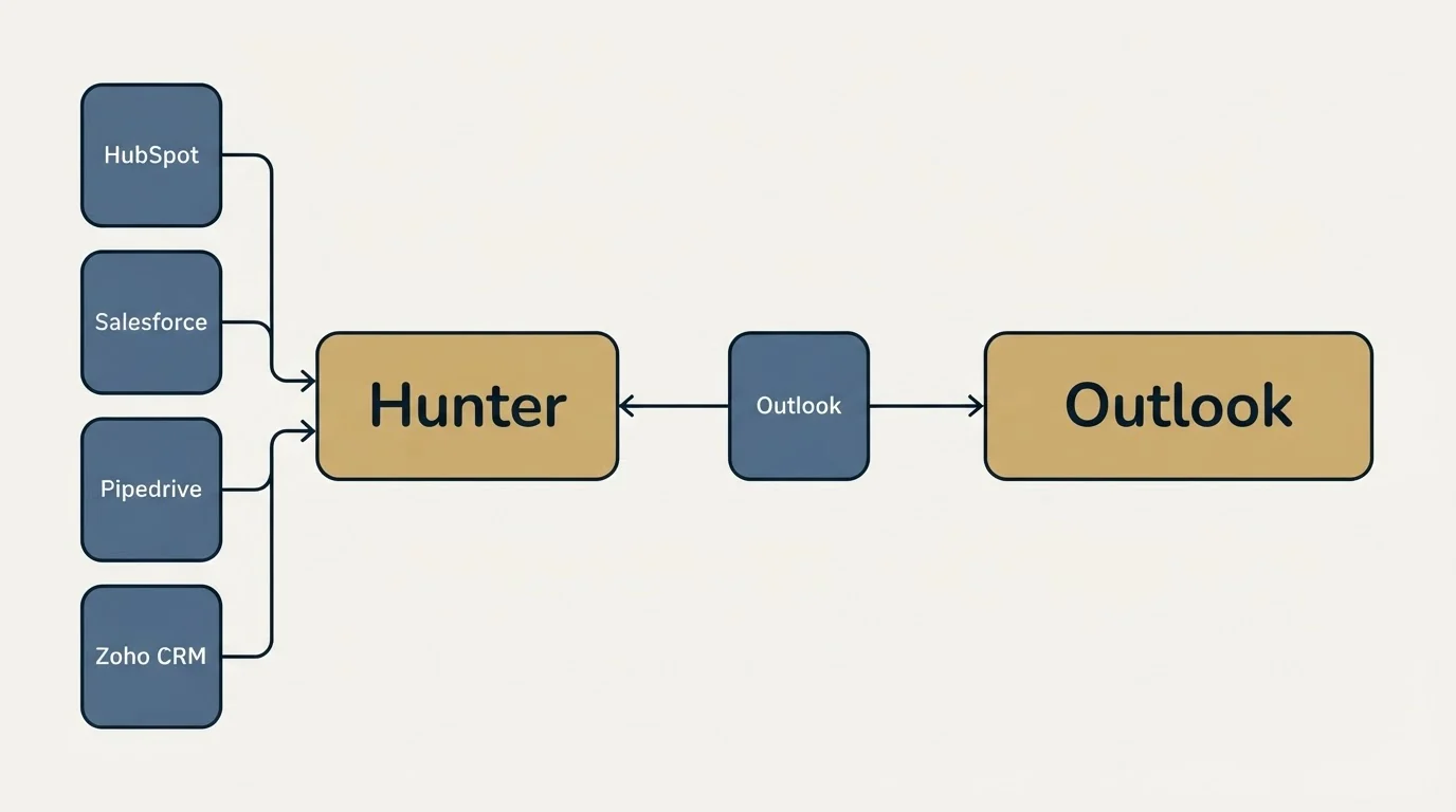 Integration schematic: Integration Ecosystem (Hunter, Outlook, HubSpot, Salesforce)