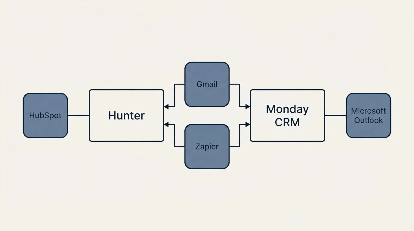 Integration flow: Integration Ecosystem (Hunter, Monday CRM, Gmail, Zapier)