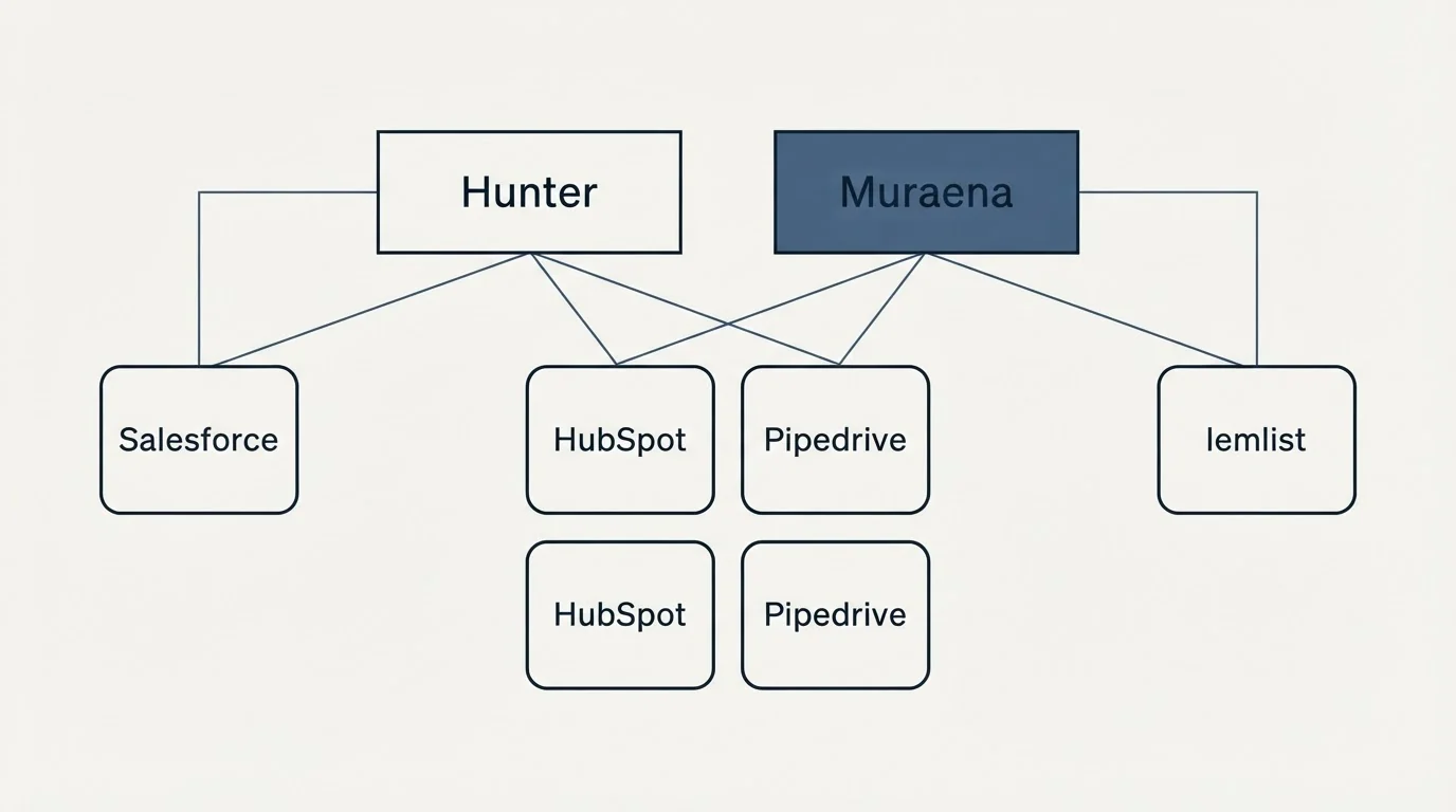 Integration grid: Integration Ecosystem (Hunter, Muraena, HubSpot, Pipedrive)