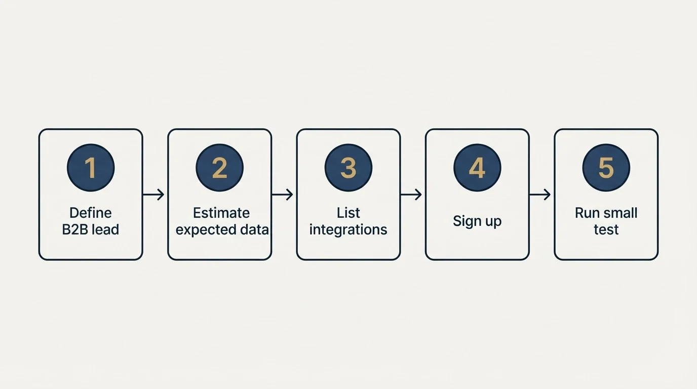 Step sequence: Getting Started Checklist (Define B2B lead, Estimate expected data, List integrations, Sign up)