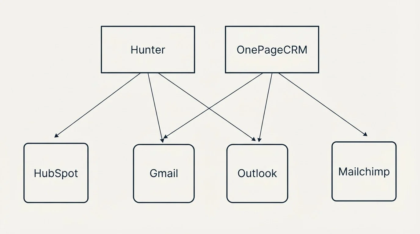 Integration grid: Integration Ecosystem (Hunter, OnePageCRM, Gmail, Outlook)