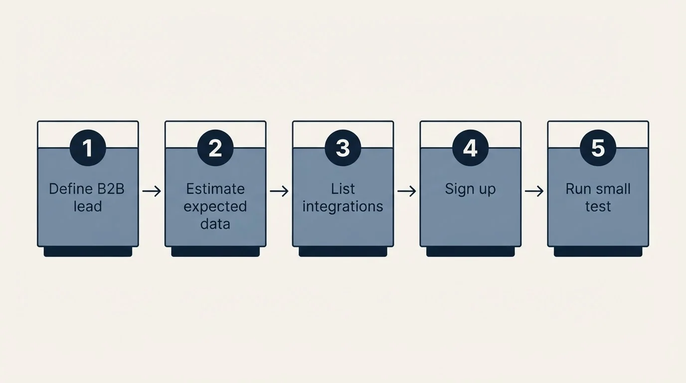 Step sequence: Getting Started Checklist (Define B2B lead, Estimate expected data, List integrations, Sign up)