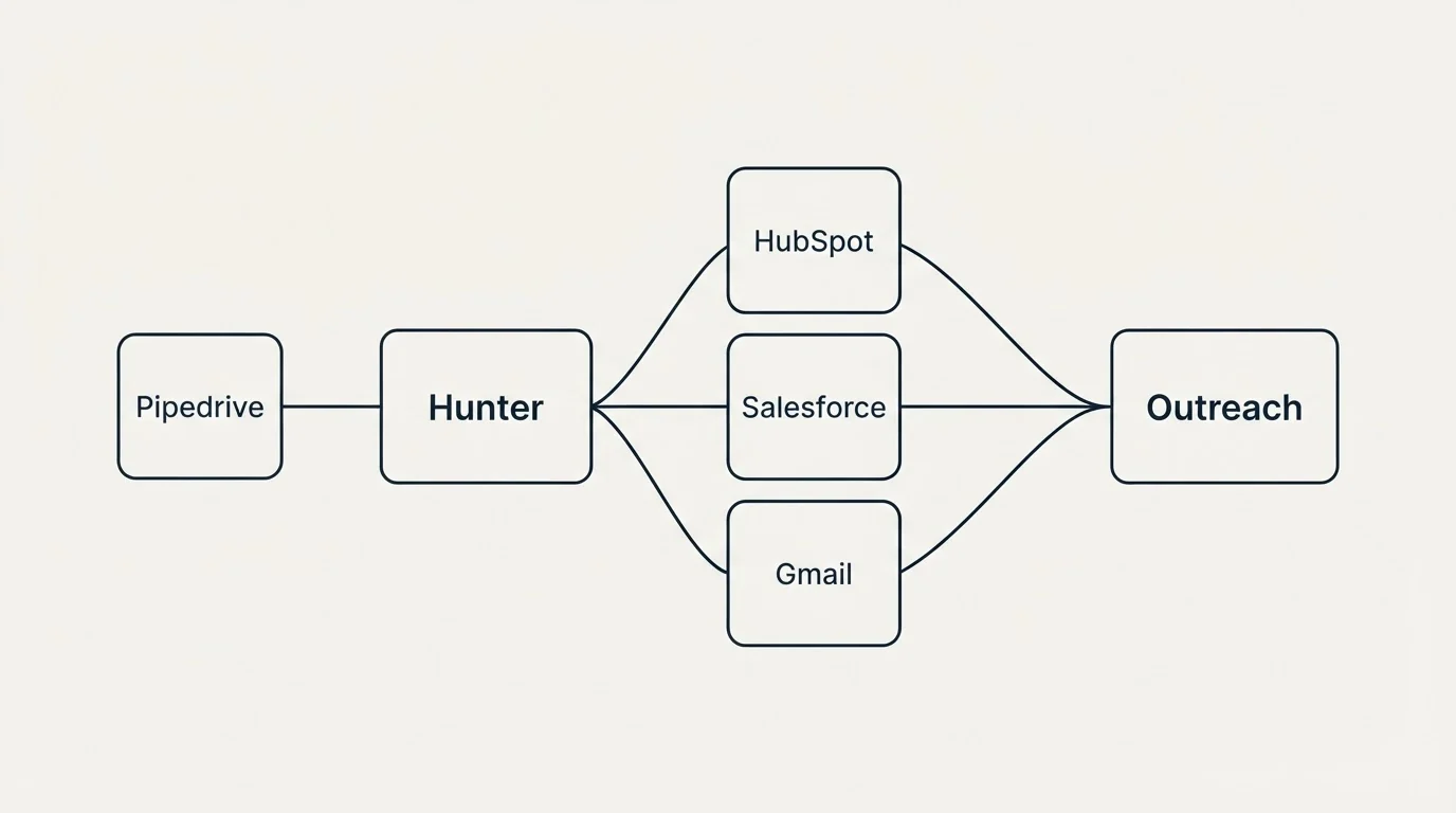 Integration schematic: Integration Ecosystem (Hunter, Outreach, HubSpot, Salesforce)
