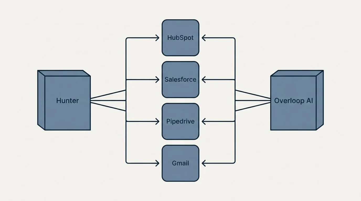 Integration flow: Integration Ecosystem (Hunter, Overloop AI, HubSpot, Salesforce)