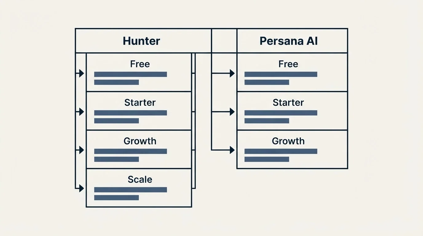 Pricing table: Pricing Comparison (Hunter, Persana AI, Free, Starter)