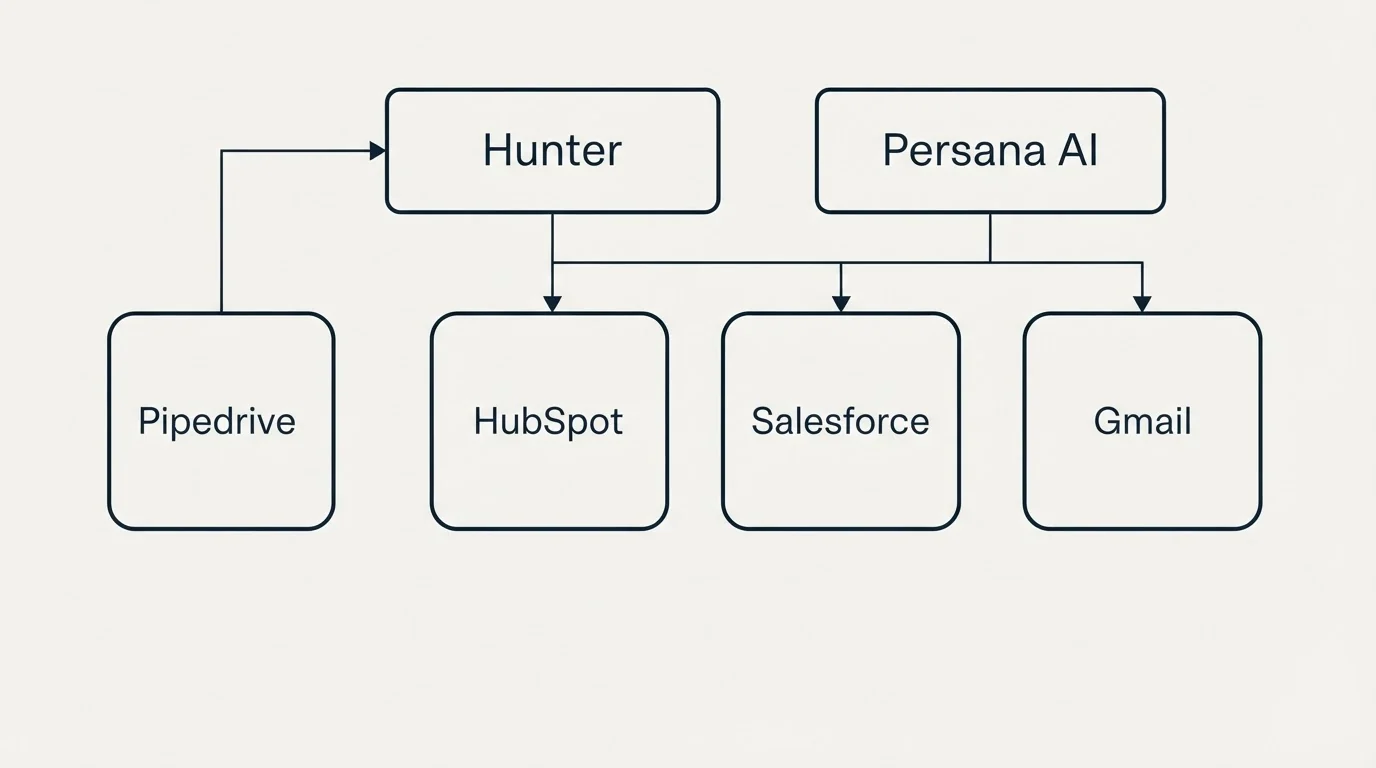 Integration grid: Integration Ecosystem (Hunter, Persana AI, HubSpot, Salesforce)