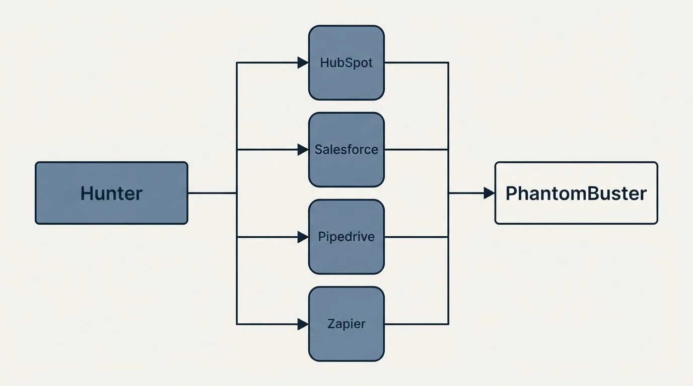 Integration flow: Integration Ecosystem (Hunter, PhantomBuster, HubSpot, Salesforce)