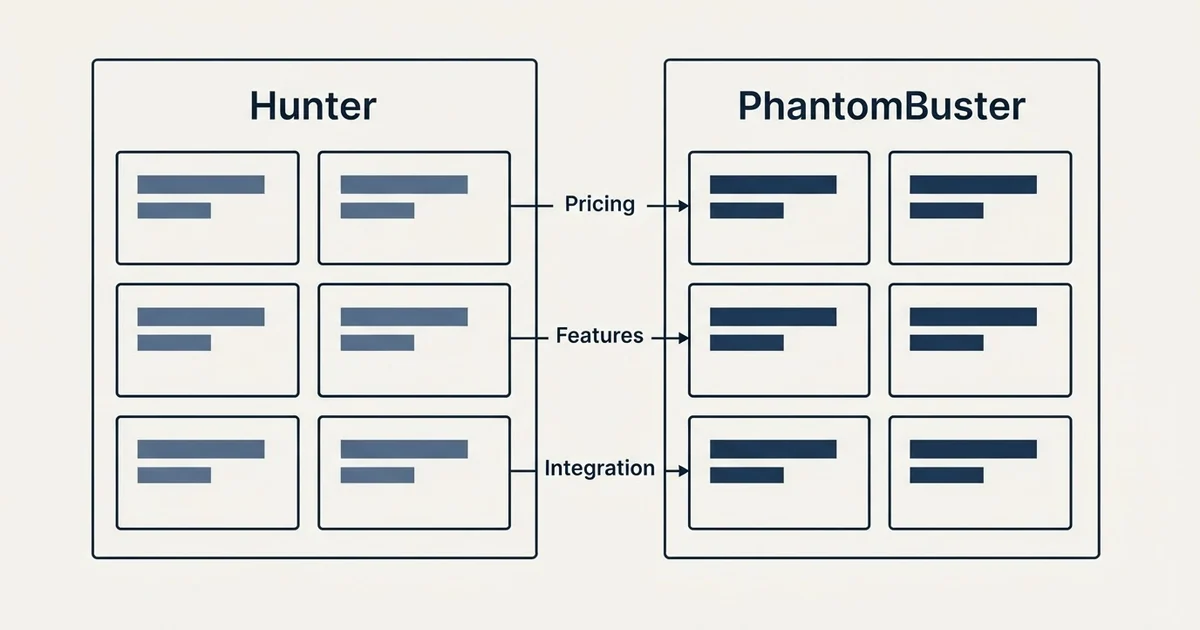 Comparison panel: Hunter vs PhantomBuster (Pricing, Features, Integration)