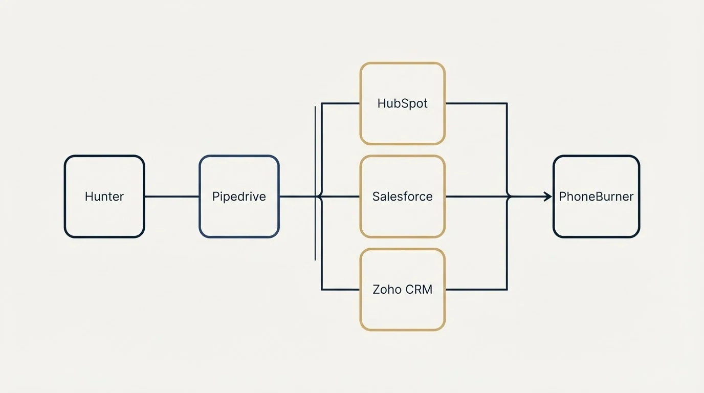 Integration flow: Integration Ecosystem (Hunter, PhoneBurner, HubSpot, Salesforce)