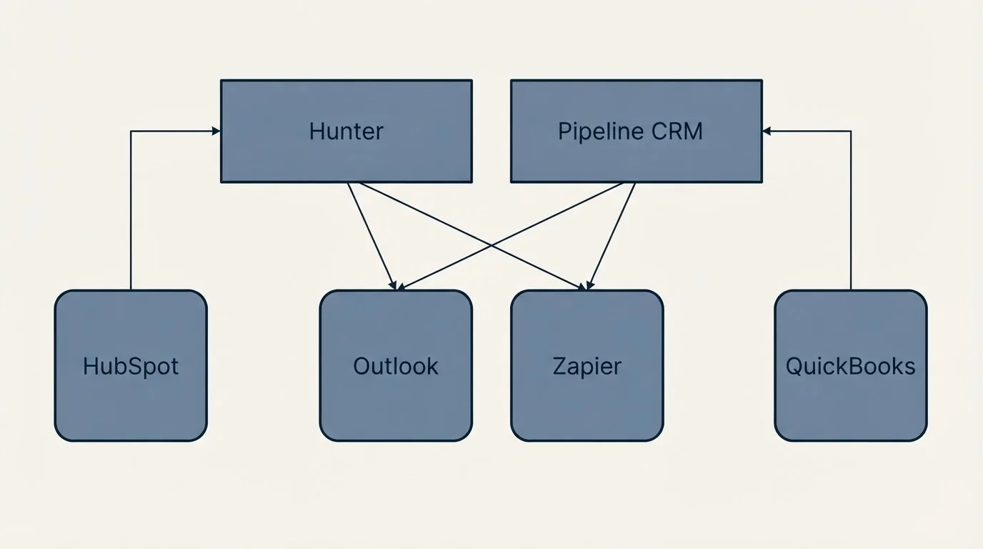 Integration grid: Integration Ecosystem (Hunter, Pipeline CRM, Outlook, Zapier)