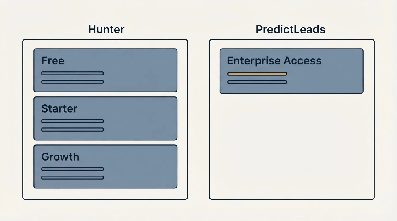Pricing panels: Pricing Comparison (Hunter, PredictLeads, Free, Enterprise Access)