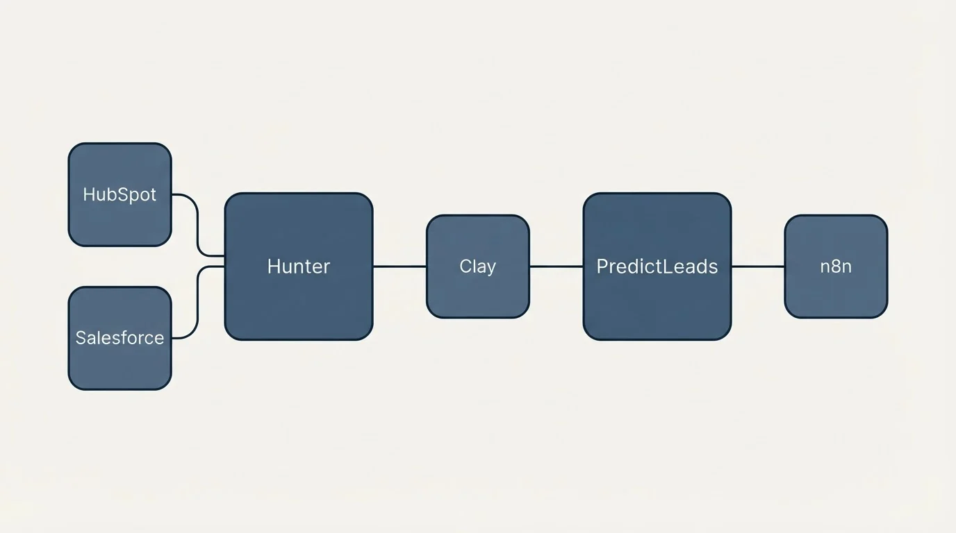 Integration schematic: Integration Ecosystem (Hunter, PredictLeads, Clay, HubSpot)