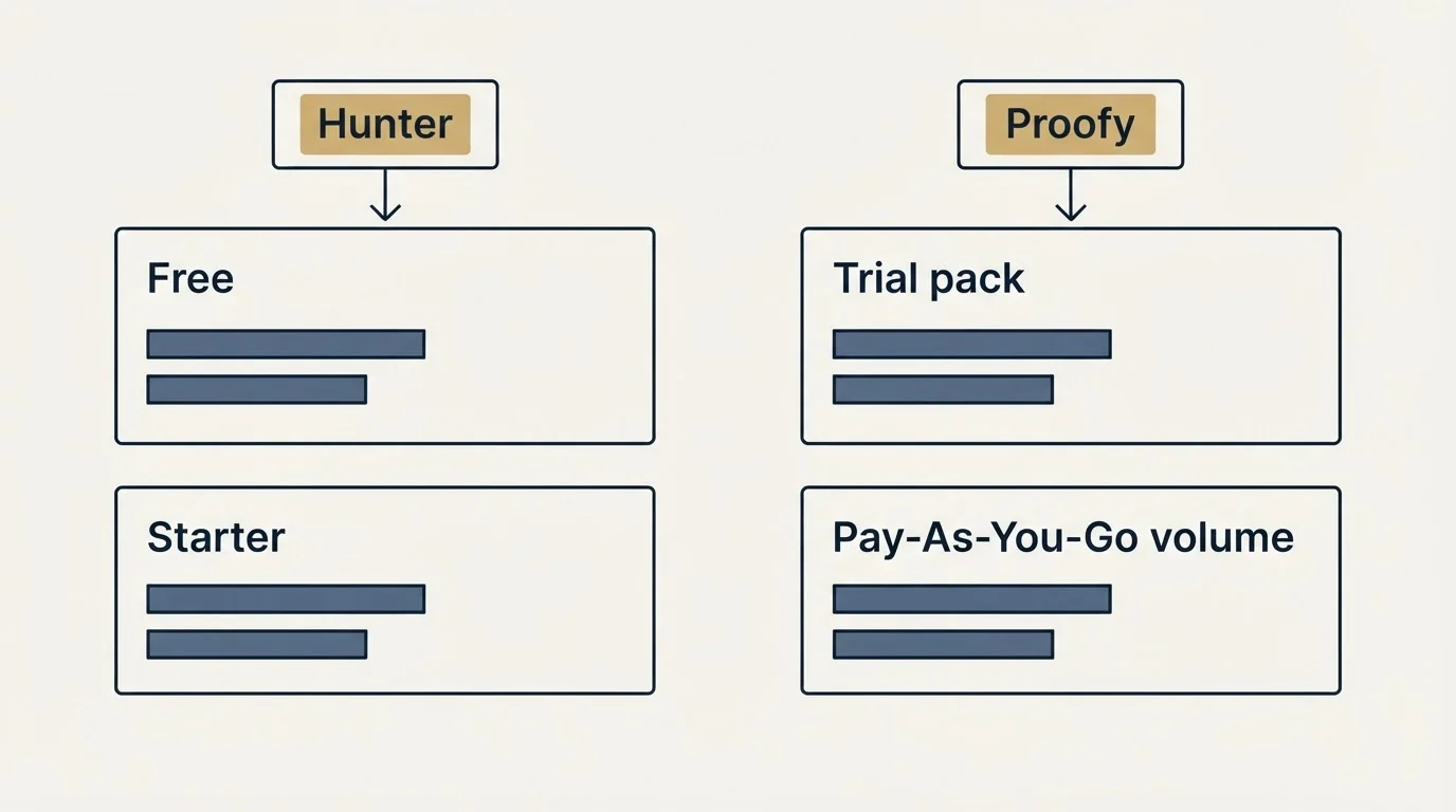 Pricing table: Pricing Comparison (Hunter, Proofy, Free, Trial pack)