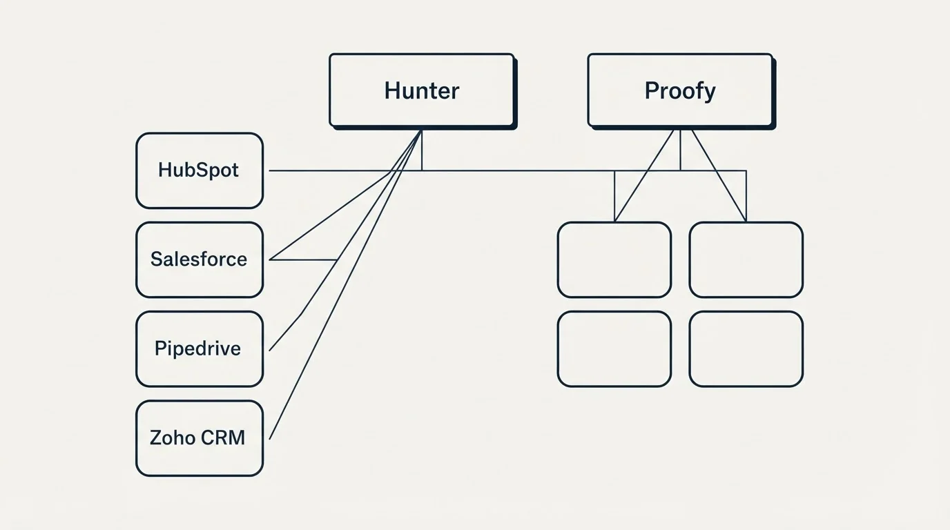 Integration grid: Integration Ecosystem (Hunter, Proofy, HubSpot, Salesforce)