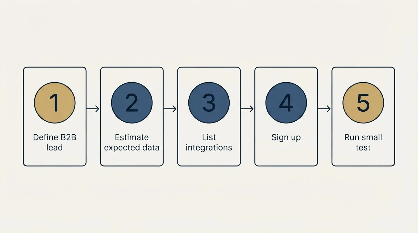 Step sequence: Getting Started Checklist (Define B2B lead, Estimate expected data, List integrations, Sign up)