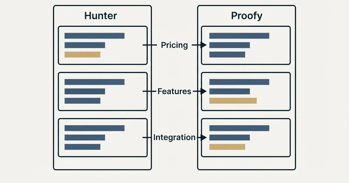 Comparison panel: Hunter vs Proofy (Pricing, Features, Integration)