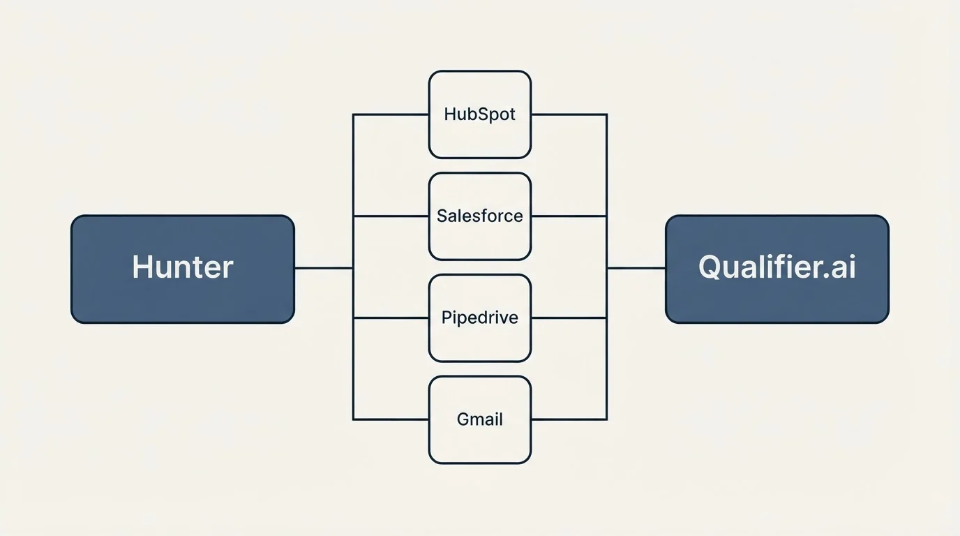 Integration flow: Integration Ecosystem (Hunter, Qualifier.ai, HubSpot, Salesforce)